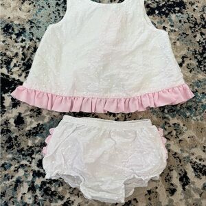 Ruffle Butts White and Pink Swing Top and Bloomer Set